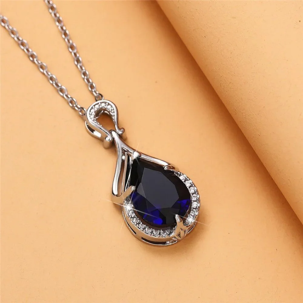 🎁 Silver Plating Blue Crystal Water Drop CZ Necklaces for Women, HA4470